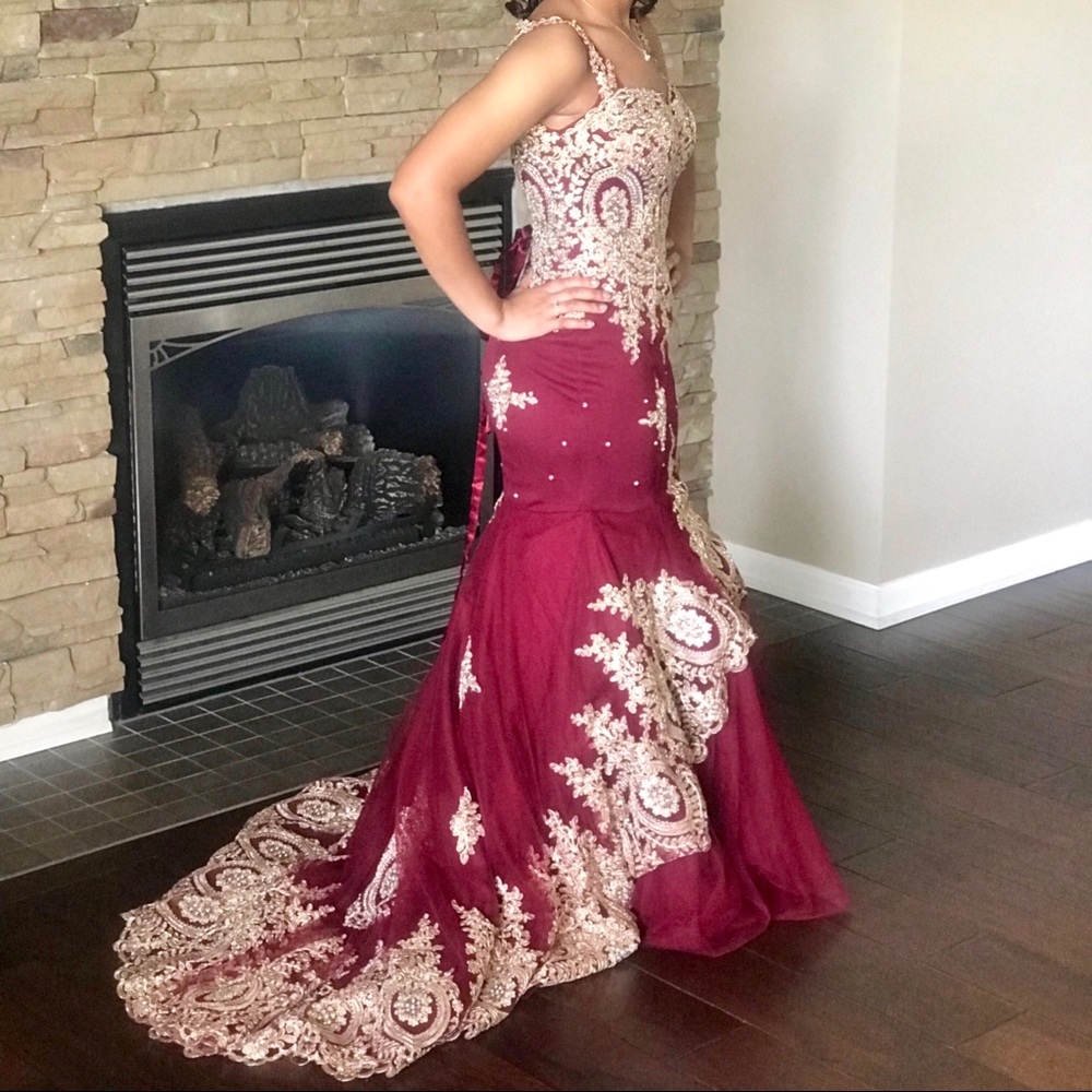 Burgandy/Gold Gem studded Prom dress